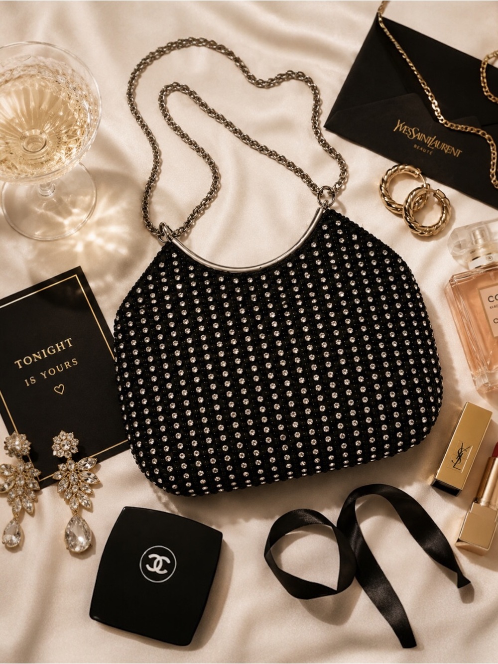 🖤 Franchi Y2K Rhinestone Shoulder Bag Black Crystal Evening Purse Silver Chain
